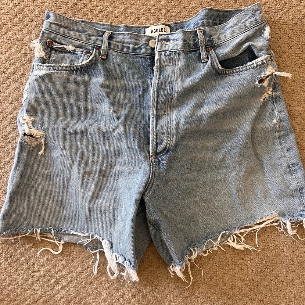 Agolde Light Blue Distressed Denim Shorts